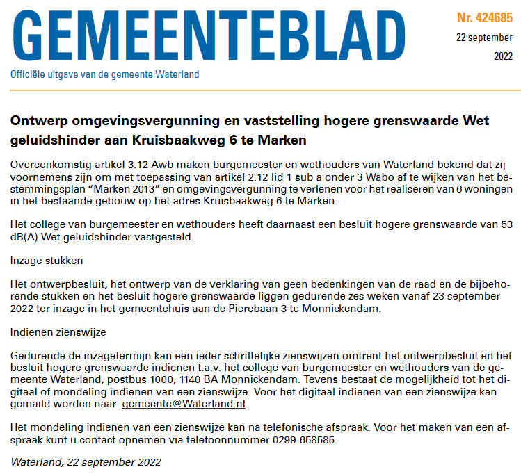 Officiële mededelingen Waterland, kern Marken, week 38